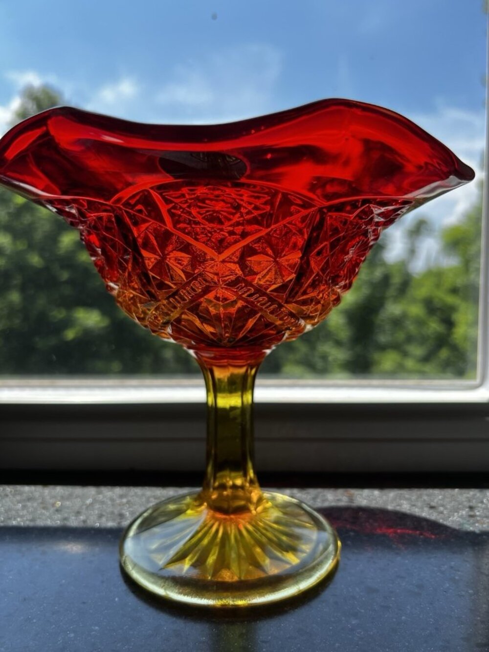 Vtg Kanawha Amberina Glass Pedestal Compote Signed Amber Portions GLOW EUC 7" T